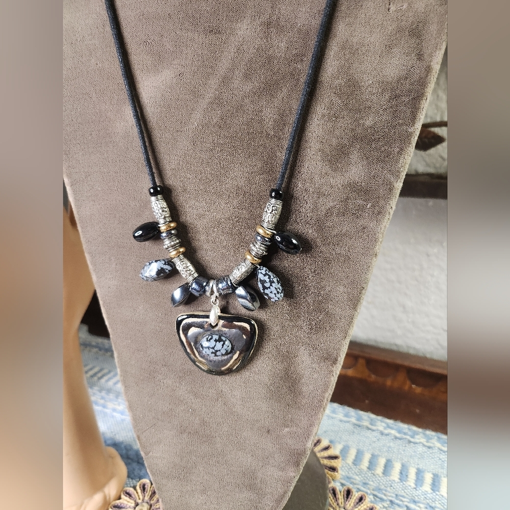 Hand Made Artisan Clay Pendant And Snowflake Obsidian Necklace